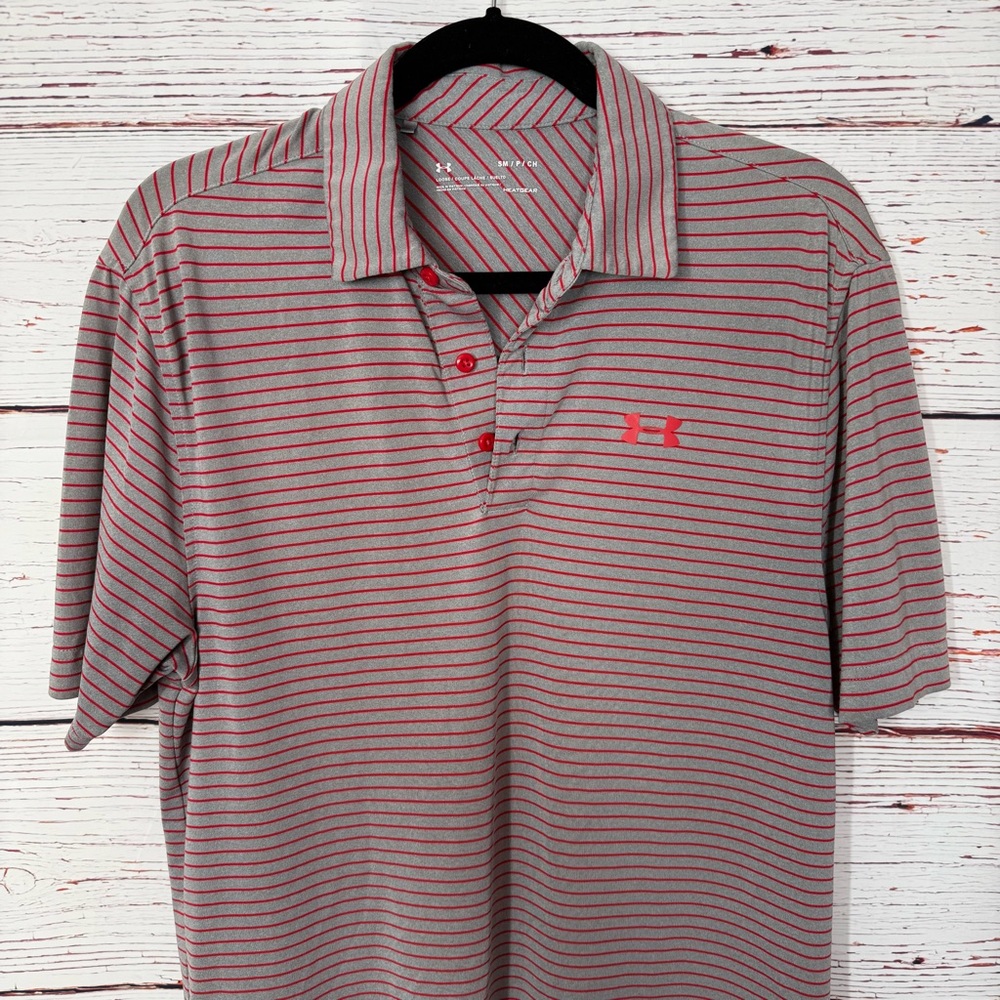 Under Armour Polo Shirt Mens S Gray Red Micro Stripe Short Sleeve Golf Heat Gear